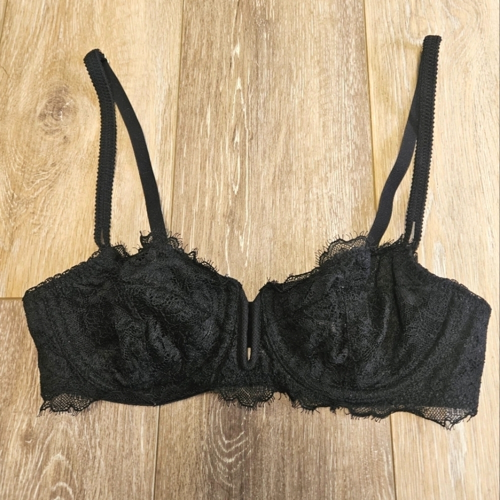Auden Balconette Black Lace Bra Adjustable Semi Sheer Lift Support Women's 32B